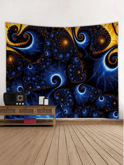 Colorful tapestry with intricate blue, orange, and black fractal spiral patterns hanging on a white wall.