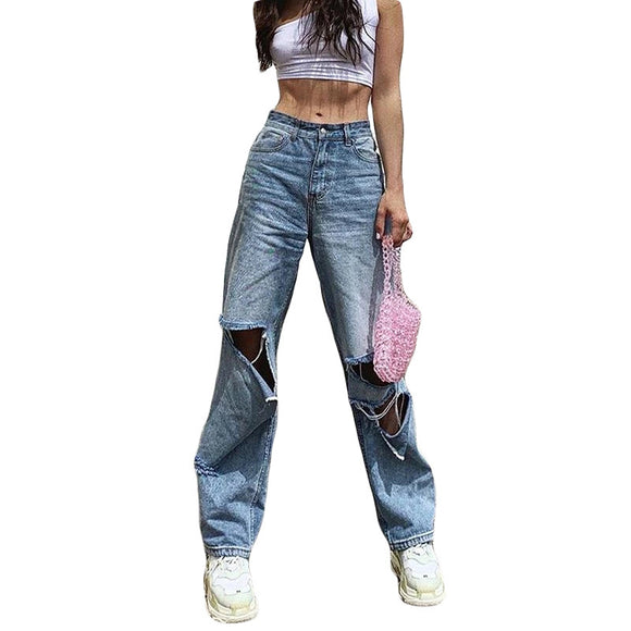 Jeans Rotos de Talle Alto y Pierna Ancha