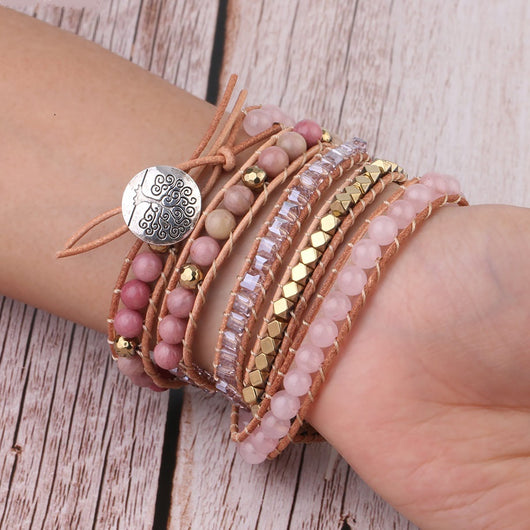 Pulsera de Piedra Natural Cuarzo Rosa con Envolvente de Cuero - 5 Vueltas Gemas - Image 2