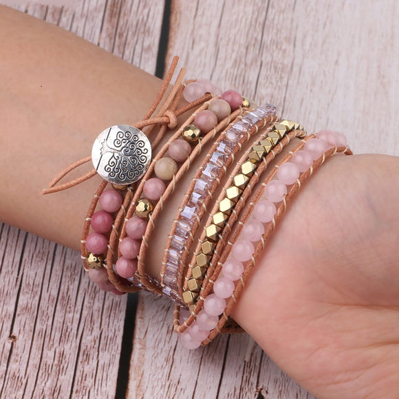 Pulsera de Piedra Natural Cuarzo Rosa con Envolvente de Cuero - 5 Vueltas Gemas