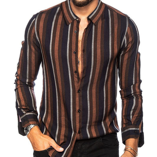 Camisa Manga Larga Slim Fit a Rayas Multicolor con Solapa para Hombre