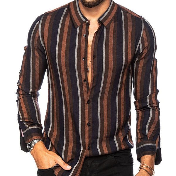 Camisa Manga Larga Slim Fit a Rayas Multicolor con Solapa para Hombre