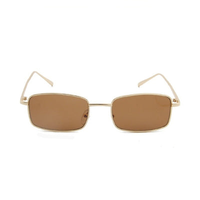 Retro gold metal frame sunglasses with light brown rectangular lenses, displayed on a white surface. - Image 5