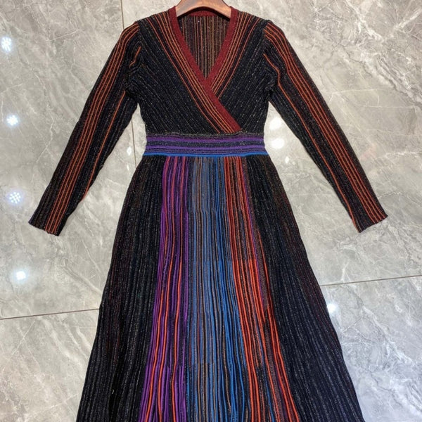 Vestido Otoñal Cintura Alta Rayas Arcoíris Degradado