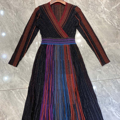 Vestido Otoñal Cintura Alta Rayas Arcoíris Degradado