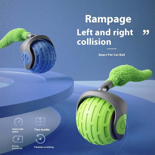 Blue and grey pet toy ball with a green textured tail for cats, shown on a blue background. - Image 2