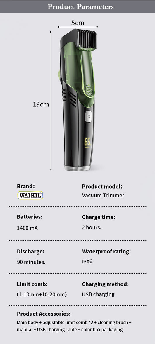 Rechargeable black and blue hair clipper kit with two guide combs, cleaning brush, USB cable, and black storage pouch. - Image 9