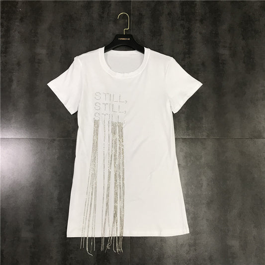 Playera Midi con Strass y Cadena Fringe para Mujer