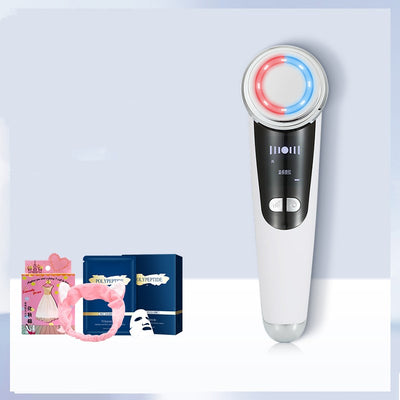 White facial massage importer with red and blue LED light ring, two 'POLYPEPTIDE' facial mask boxes, and a pink cat ear headband. - Image 18