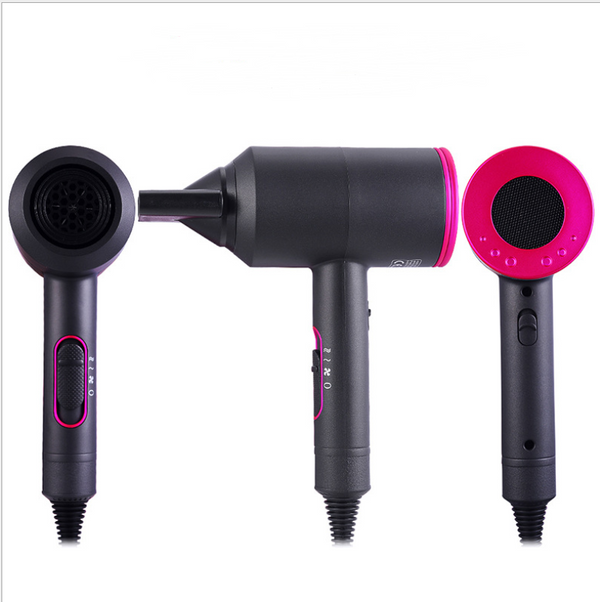 Dark grey hair dryer with pink accents and a perforated nozzle, featuring a slider switch on the handle.