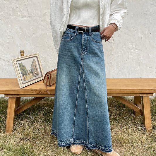 Falda Denim Retro Cintura Alta para Mujer