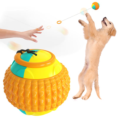 Blue, red, and beige plastic dog toy ball with a textured surface and black rope, next to a golden retriever puppy. - Image 11