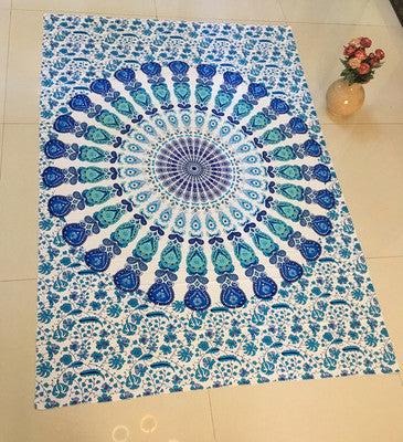 Large blue mandala hanging cloth with a detailed circular pattern and floral borders, made of chemical fiber. - Image 5