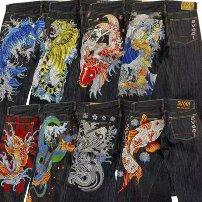 Pantalones Jeans Ukiyo-e Hombre Corte Recto Ancho Clásico