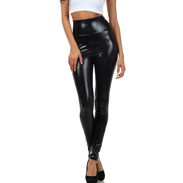 Pantalones de Cuero Brillante Cintura Alta para Mujer