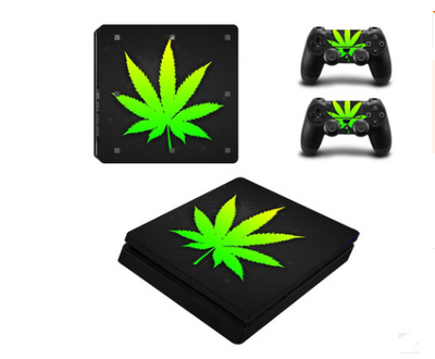 PS4 Slim console and controller skins featuring a vibrant green cannabis leaf pattern with a white Supreme logo. - Image 5