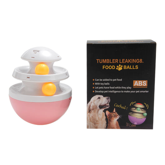 Orange and blue interactive pet food dispenser toy with multiple tiers and white balls, next to its black packaging. - Image 20