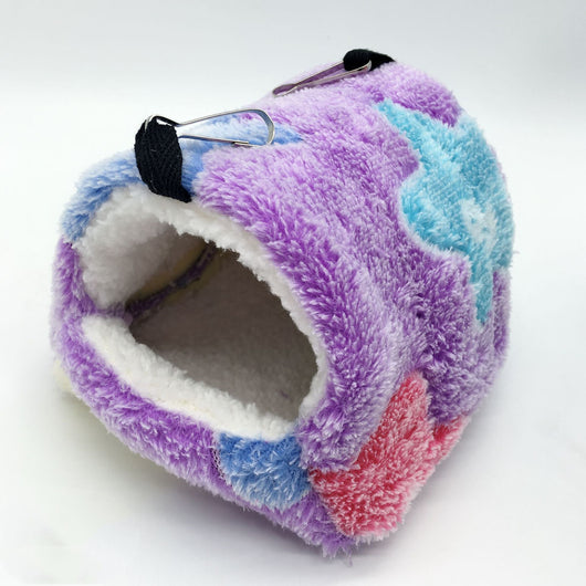 Colorful plush pet sleeping bag with purple, blue, and pink blocks, white fleece lining, and metal hooks for hanging. - Image 5