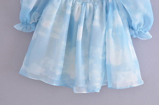 Vestido Azul Cielo con Mangas Abullonadas y Estampado Nube para Mujer - Image 9