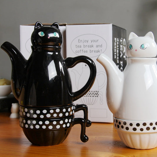 Juego de Té y Café con Tazas Apilables de Cerámica - Diseño Gato Blanco y Negro
