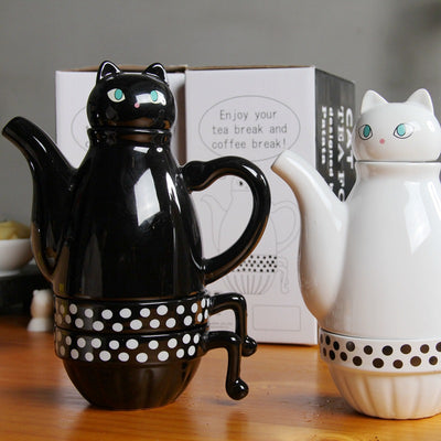Juego de Té y Café con Tazas Apilables de Cerámica - Diseño Gato Blanco y Negro