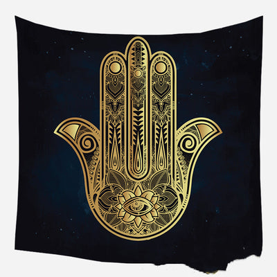 Golden crescent moon and woman silhouette tapestry with a floral crown against a dark blue starry background. - Image 18