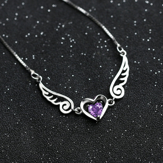 Collar Alas de Ángel con Corazón de Cristal Púrpura en Plata 925 - Image 3