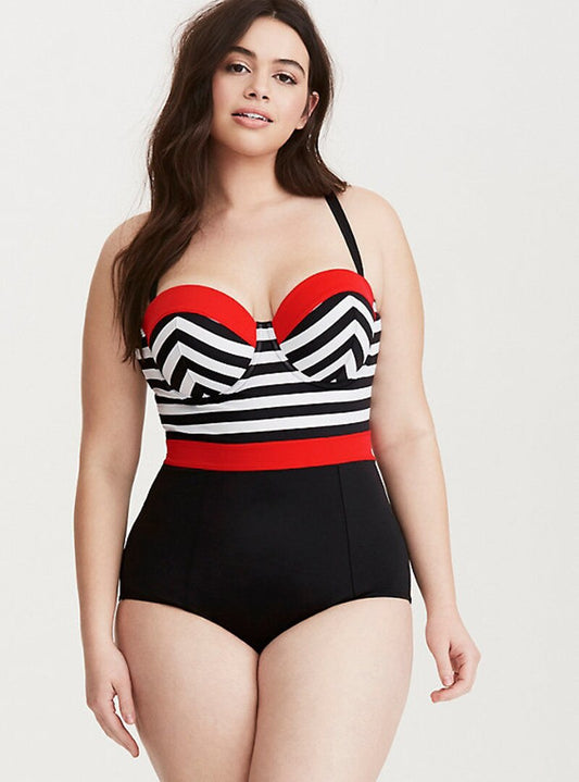 Traje de Baño Enterizo Tallas Grandes con Estampado de Rayas Blanco y Negro - Image 2