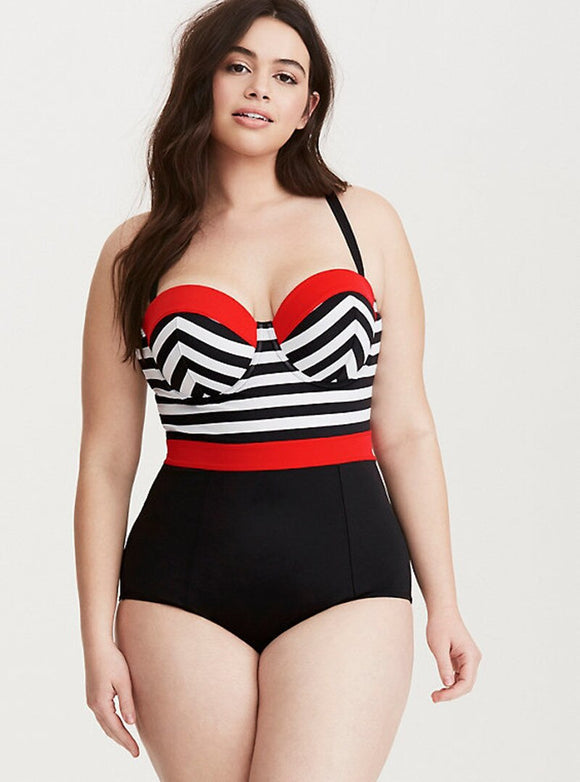 Traje de Baño Enterizo Tallas Grandes con Estampado de Rayas Blanco y Negro