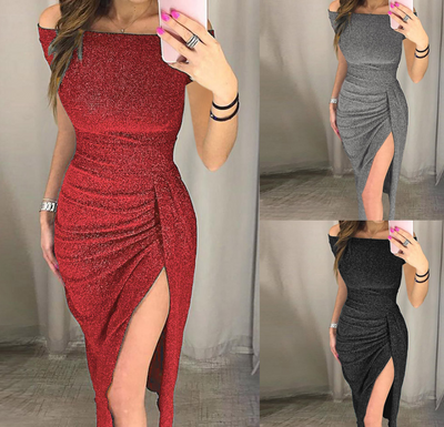 Vestido con Cuello Empacado a la Cadera, Manga Corta y Cristales Brillantes
