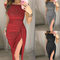Vestido con Cuello Empacado a la Cadera, Manga Corta y Cristales Brillantes