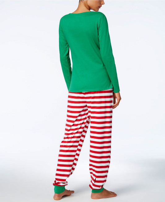 Kids' green long-sleeve Christmas pajama top with an elf graphic and matching red and white striped pants. - Image 2