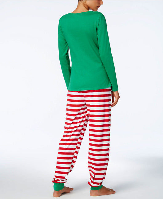 Kids' green long-sleeve Christmas pajama top with an elf graphic and matching red and white striped pants. - Image 2