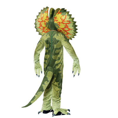 Child modeling a green frilled lizard dinosaur costume with orange and yellow frill, tail, and claws. - Image 9