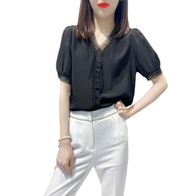 Blusa Suelta con Cuello V y Mangas Abullonadas - Diseño Exclusivo en Encaje - Image 5