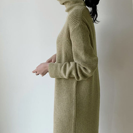 Vestido Suéter Largo Cuello Alto Holgado Hasta la Rodilla para Mujer - Image 14