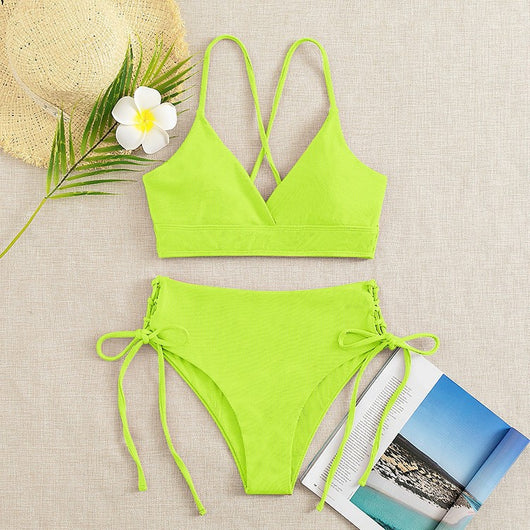 Light green ribbed bikini set with a V-neck bralette top and high-waisted bottoms featuring side tie details. - Image 21