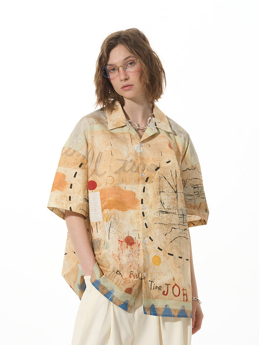 Camisa Suelta Estilo Street Graffiti Pine Manga Corta - Image 11