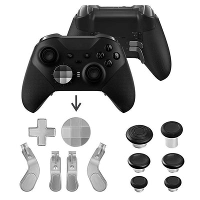 Xbox One Elite Series 2 controller accessory kit with black joysticks, silver D-pads, paddles, screwdrivers, and a storage bag. - Image 6