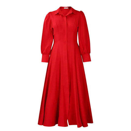 Vestido Camisero Elegante Manga Larga Ruedo Amplio Color Sólido - Image 8