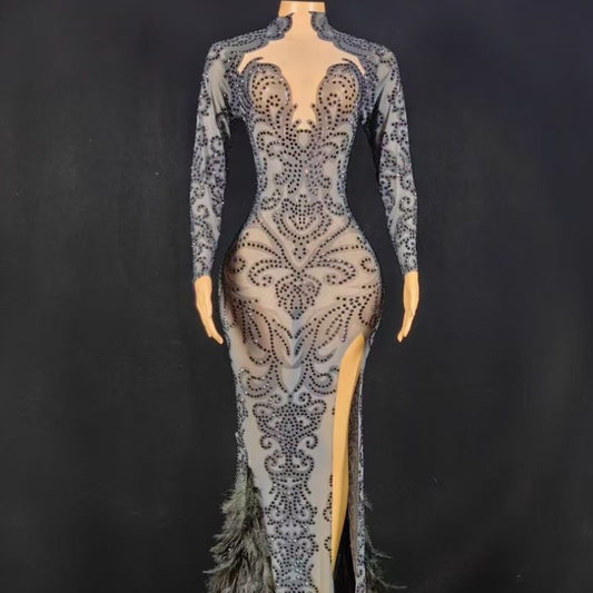 Jumpsuit Largo de Fiesta con Cuentas y Plumas para Mujer