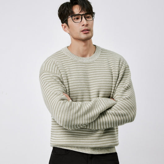 Suéter de Cuello Redondo Tejido a Rayas para Hombre - Abrigo Cálido Invierno - Image 5