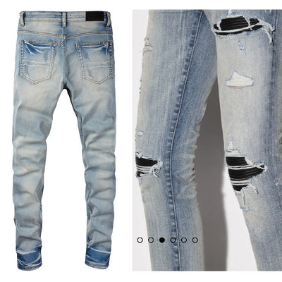 Jeans Azul Claro Rotos con Parches de Cuero Negro para Hombre - Image 9