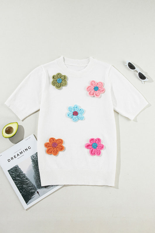 Blusa Tejida de Manga Corta con Flores 3D - Estilo Europeo Casual - Image 10