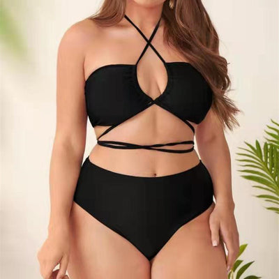 Plus size orange bikini set with a strapless halter top and high-waisted bottoms with multiple waist straps. - Image 7