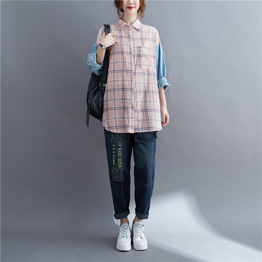 Camisa Oversized de Patchwork Manga Larga Suelta - Image 3