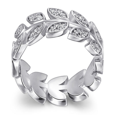Anillo de Plata Esterlina Versión Ancha con Ojo de Caballo y Hojas de Diamante Incrustadas - Image 2