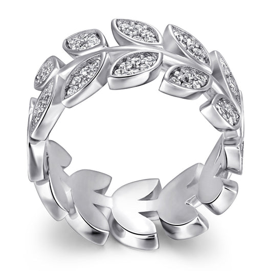 Anillo de Plata Esterlina Versión Ancha con Ojo de Caballo y Hojas de Diamante Incrustadas - Image 2