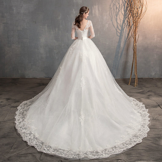 Vestido de Novia con Escote en V, Encaje y Manga Larga - Image 3