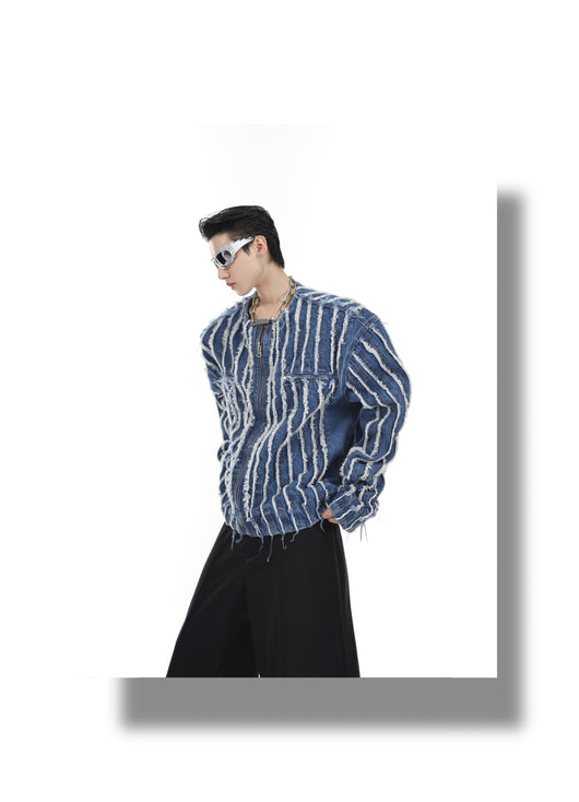 Chaqueta Denim Sin Cuello con Rayas 3D y Flecos Lavados - Image 14